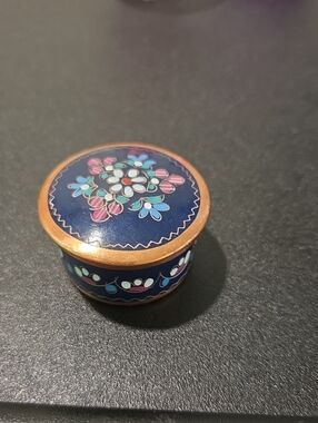 Hand-Painted Blue Enamel Floral Trinket Box